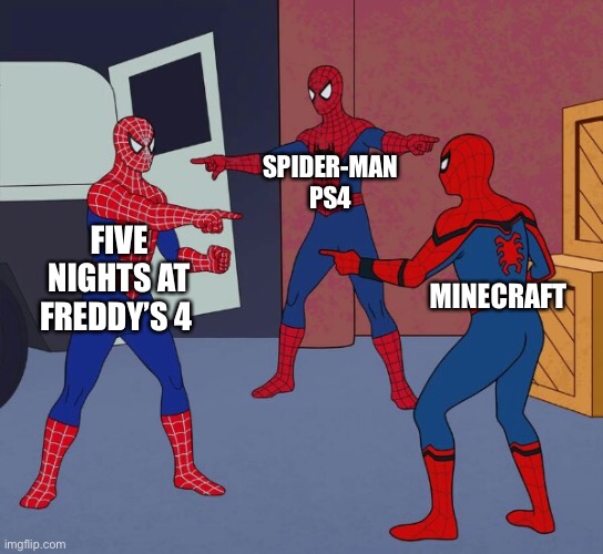 Spider Man Triple | SPIDER-MAN PS4; FIVE NIGHTS AT FREDDY’S 4; MINECRAFT | image tagged in spider man triple | made w/ Imgflip meme maker