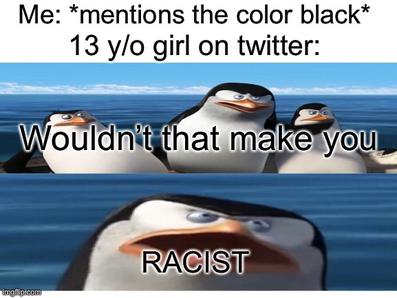 Im not RaCiSt!!!!! | Me: *mentions the color black*; 13 y/o girl on twitter:; Wouldn’t that make you; RACIST | image tagged in true,funny,relatable,cringe,twitterbad | made w/ Imgflip meme maker