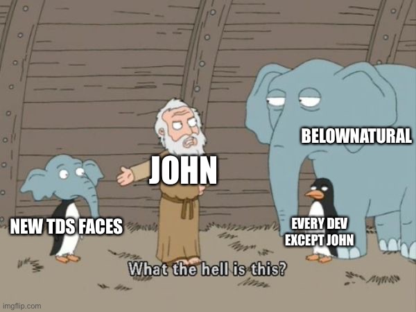 John misses the old tds faces | BELOWNATURAL; JOHN; EVERY DEV EXCEPT JOHN; NEW TDS FACES | image tagged in what the hell is this,roblox,meme | made w/ Imgflip meme maker