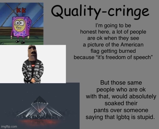 Care to explain why this is? | I’m going to be honest here, a lot of people are ok when they see a picture of the American flag getting burned because “it’s freedom of speech”; But those same people who are ok with that, would absolutely soaked their pants over someone saying that lgbtq is stupid. | image tagged in quality cringe announcement temp credit to frogking | made w/ Imgflip meme maker