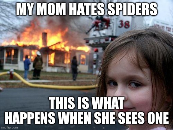 My mom VS SPOODER | MY MOM HATES SPIDERS; THIS IS WHAT HAPPENS WHEN SHE SEES ONE | image tagged in memes,disaster girl | made w/ Imgflip meme maker