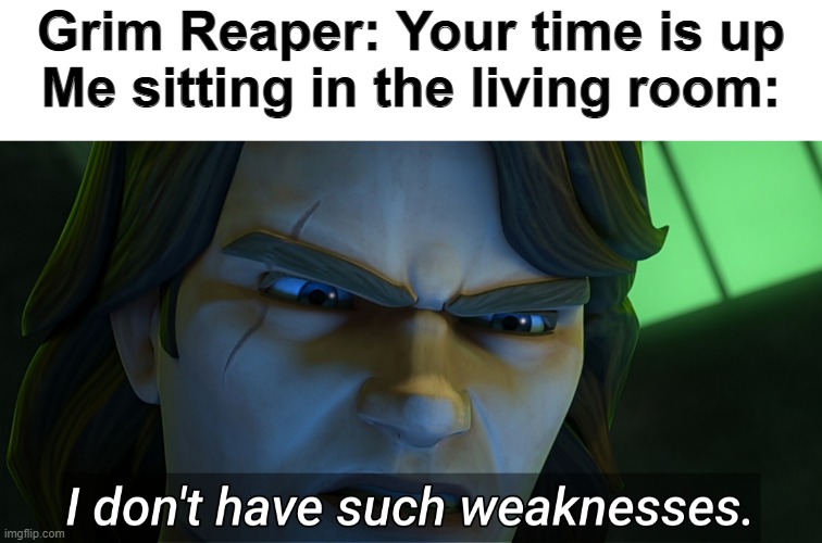 The Living Room | Grim Reaper: Your time is up
Me sitting in the living room: | image tagged in i don't have such weaknesses anakin | made w/ Imgflip meme maker
