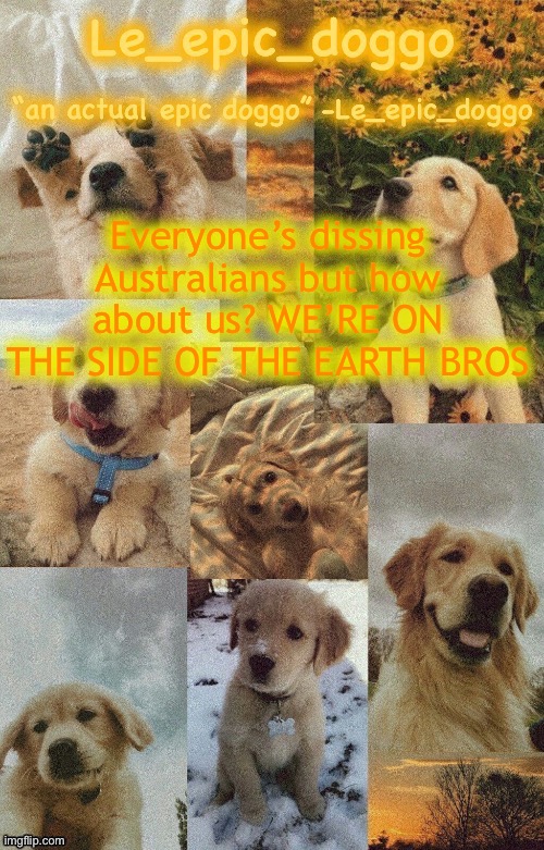 Doggo temp by doggo. Wait what that’s confusing | Everyone’s dissing Australians but how about us? WE’RE ON THE SIDE OF THE EARTH BROS | image tagged in doggo temp by doggo wait what that s confusing | made w/ Imgflip meme maker