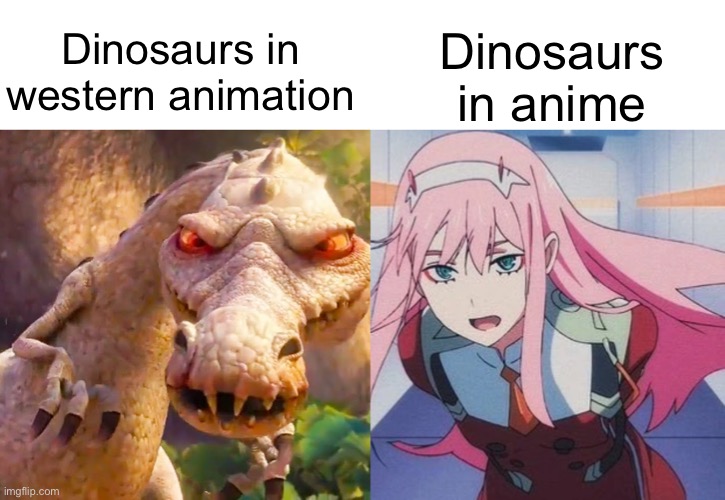 No title available |  Dinosaurs in anime; Dinosaurs in western animation | made w/ Imgflip meme maker