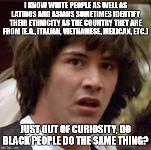 I have never seen it. | I KNOW WHITE PEOPLE AS WELL AS LATINOS AND ASIANS SOMETIMES IDENTIFY THEIR ETHNICITY AS THE COUNTRY THEY ARE FROM (E.G., ITALIAN, VIETNAMESE, MEXICAN, ETC.); JUST OUT OF CURIOSITY, DO BLACK PEOPLE DO THE SAME THING? | image tagged in memes,conspiracy keanu | made w/ Imgflip meme maker