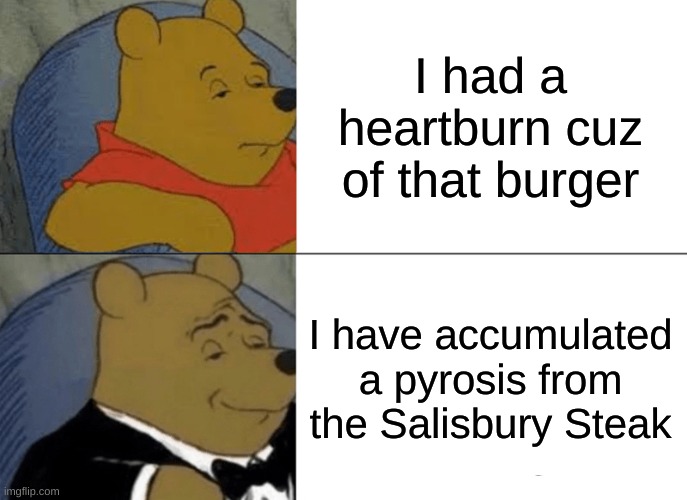 Hes even correcting himself when hes just had a heartburn | I had a heartburn cuz of that burger; I have accumulated a pyrosis from the Salisbury Steak | image tagged in memes,tuxedo winnie the pooh | made w/ Imgflip meme maker