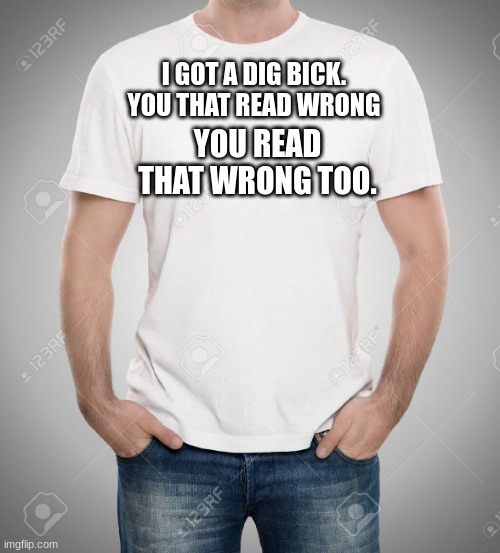 You read both of that wrong | I GOT A DIG BICK.

YOU THAT READ WRONG; YOU READ THAT WRONG TOO. | image tagged in tshirt | made w/ Imgflip meme maker