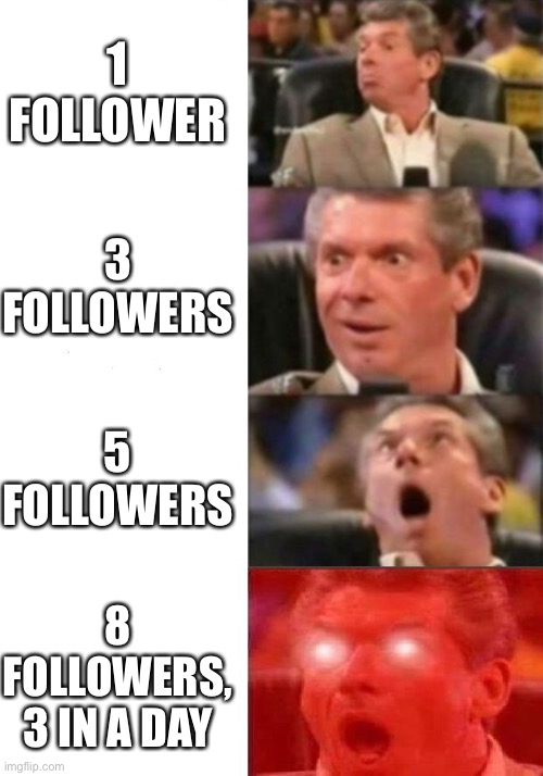 Me right now. | 1 FOLLOWER; 3 FOLLOWERS; 5 FOLLOWERS; 8 FOLLOWERS, 3 IN A DAY | image tagged in mr mcmahon reaction | made w/ Imgflip meme maker