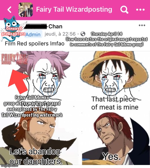 Censored profile picture Thursday April 14
(Few hours before the original one got reposted in comments of the Fairy Tail Meme group) Fairy T | made w/ Imgflip meme maker