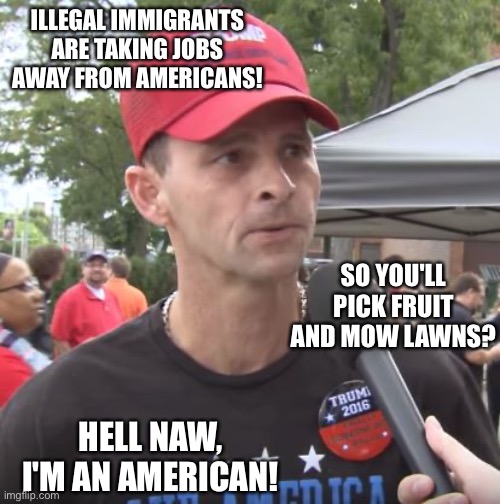 Trump supporter | ILLEGAL IMMIGRANTS ARE TAKING JOBS AWAY FROM AMERICANS! SO YOU'LL PICK FRUIT AND MOW LAWNS? HELL NAW, I'M AN AMERICAN! | image tagged in trump supporter | made w/ Imgflip meme maker