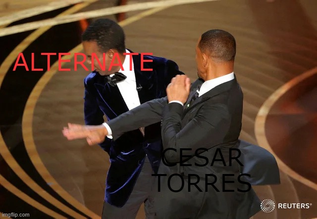 my first mandela catalogue meme! | ALTERNATE; CESAR TORRES | image tagged in will smith punching chris rock | made w/ Imgflip meme maker