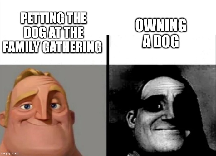 Teacher's Copy | PETTING THE DOG AT THE FAMILY GATHERING; OWNING A DOG | image tagged in teacher's copy,funny,mr incredible becoming canny,mr incredible becoming uncanny | made w/ Imgflip meme maker