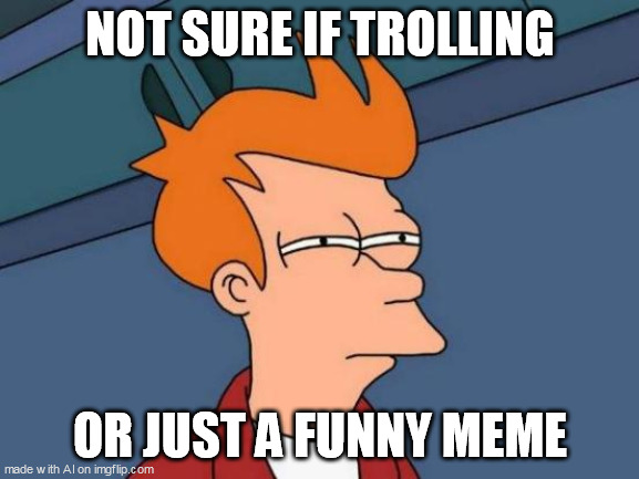 Futurama Fry | NOT SURE IF TROLLING; OR JUST A FUNNY MEME | image tagged in memes,futurama fry | made w/ Imgflip meme maker