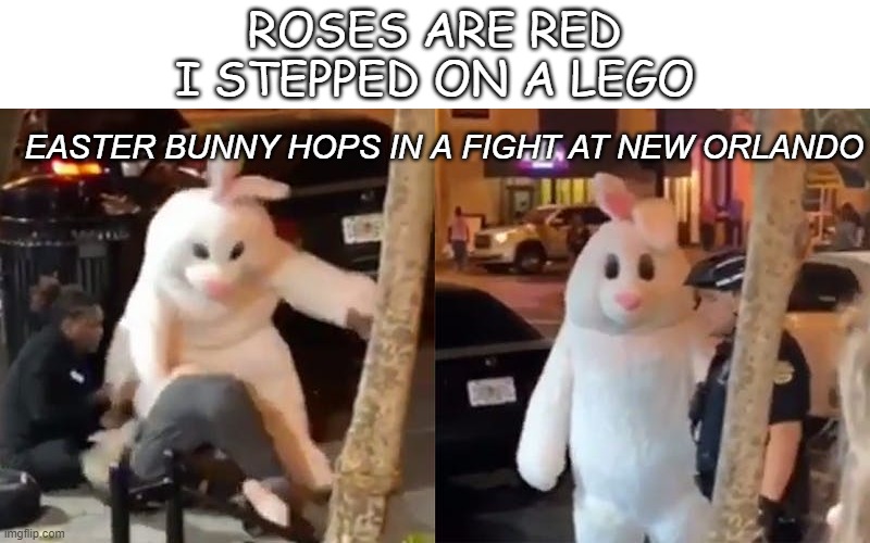 Won Wascalwy Wabbit |  ROSES ARE RED
I STEPPED ON A LEGO; EASTER BUNNY HOPS IN A FIGHT AT NEW ORLANDO | image tagged in easter bunny,easter,fighting,funny | made w/ Imgflip meme maker