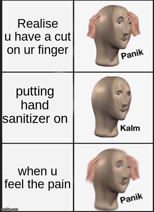 Panik Kalm Panik | Realise u have a cut on ur finger; putting hand sanitizer on; when u feel the pain | image tagged in memes,panik kalm panik | made w/ Imgflip meme maker