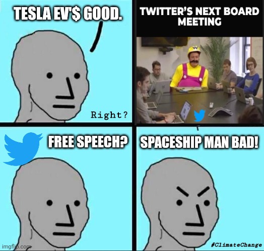 Guilt by Association? Better Fact Check 'Awesome' Tesla EV AGAIN! @ElonMusk #MakeTwitterGreatAgain #OXYMORON Trade-in for Prius. | TESLA EV'$ GOOD. Right? SPACESHIP MAN BAD! FREE SPEECH? #ClimateChange | image tagged in npc meme,tesla,trump twitter,climate change,fact check,elon musk laughing | made w/ Imgflip meme maker