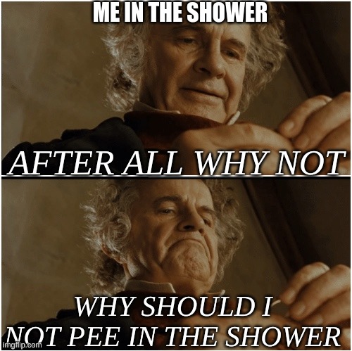 ture | ME IN THE SHOWER; AFTER ALL WHY NOT; WHY SHOULD I NOT PEE IN THE SHOWER | image tagged in bilbo - why shouldn t i keep it | made w/ Imgflip meme maker