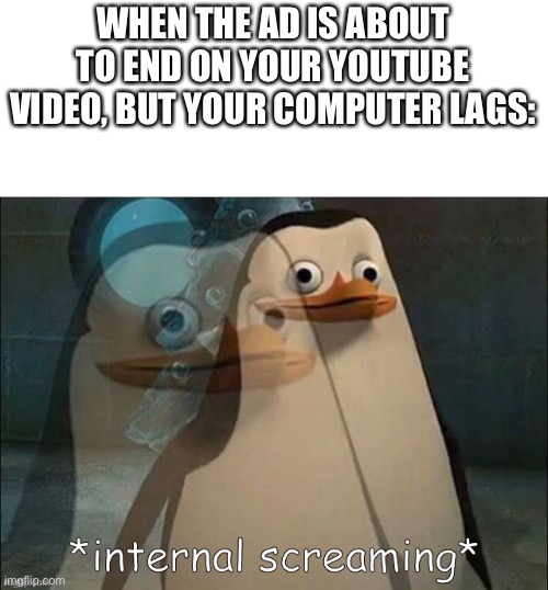 Private Internal Screaming |  WHEN THE AD IS ABOUT TO END ON YOUR YOUTUBE VIDEO, BUT YOUR COMPUTER LAGS: | image tagged in private internal screaming,youtube | made w/ Imgflip meme maker
