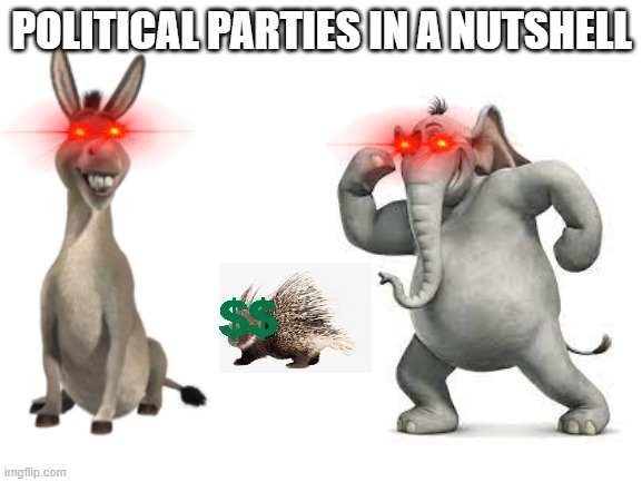 yes | POLITICAL PARTIES IN A NUTSHELL | image tagged in blank white template,memes,funny,funny memes | made w/ Imgflip meme maker