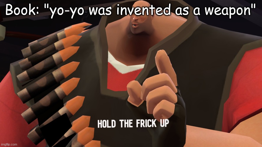 Wait what? | Book: "yo-yo was invented as a weapon" | image tagged in hold the frick up,wait what | made w/ Imgflip meme maker