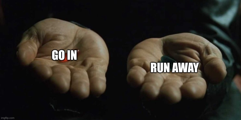 Red or blue pill | GO IN RUN AWAY | image tagged in red or blue pill | made w/ Imgflip meme maker