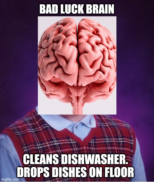 BAD LUCK BRAIN CLEANS DISHWASHER. DROPS DISHES ON FLOOR | made w/ Imgflip meme maker