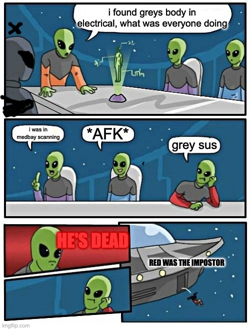tell me if this is relatable/repost | i found greys body in electrical, what was everyone doing; *AFK*; i was in medbay scanning; grey sus; HE'S DEAD; RED WAS THE IMPOSTOR | image tagged in memes,alien meeting suggestion,emergency meeting among us,relatable,funny,amogus | made w/ Imgflip meme maker