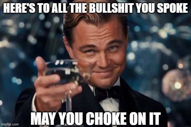 Cheers to BS | HERE'S TO ALL THE BULLSHIT YOU SPOKE; MAY YOU CHOKE ON IT | image tagged in memes,leonardo dicaprio cheers | made w/ Imgflip meme maker