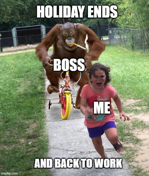 back to work | HOLIDAY ENDS; BOSS; ME; AND BACK TO WORK | image tagged in orangutan chasing girl on a tricycle | made w/ Imgflip meme maker