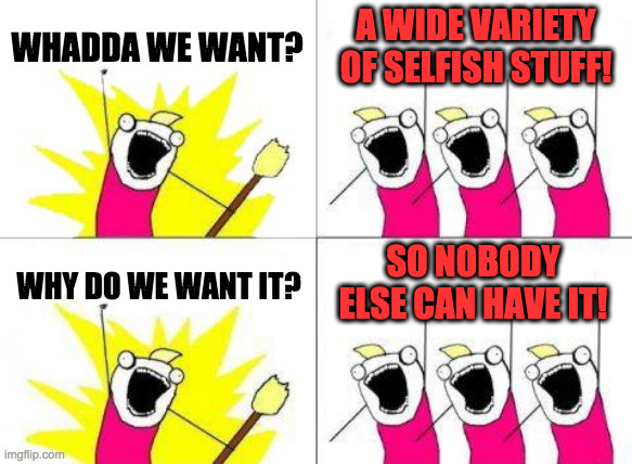 What Do We Want Meme | WHADDA WE WANT? A WIDE VARIETY OF SELFISH STUFF! WHY DO WE WANT IT? SO NOBODY ELSE CAN HAVE IT! | image tagged in memes,what do we want | made w/ Imgflip meme maker