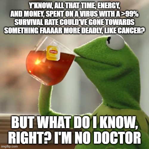 I'm sure the kids at St. Judes didn't mind... | Y'KNOW, ALL THAT TIME, ENERGY, AND MONEY, SPENT ON A VIRUS WITH A >99% SURVIVAL RATE COULD'VE GONE TOWARDS SOMETHING FAAAAR MORE DEADLY, LIKE CANCER? BUT WHAT DO I KNOW, RIGHT? I'M NO DOCTOR | image tagged in memes,but that's none of my business,kermit the frog | made w/ Imgflip meme maker