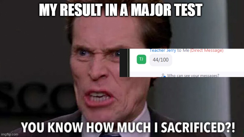 Norman Osborn You know how much I sacrificed?! | MY RESULT IN A MAJOR TEST | image tagged in norman osborn you know how much i sacrificed | made w/ Imgflip meme maker