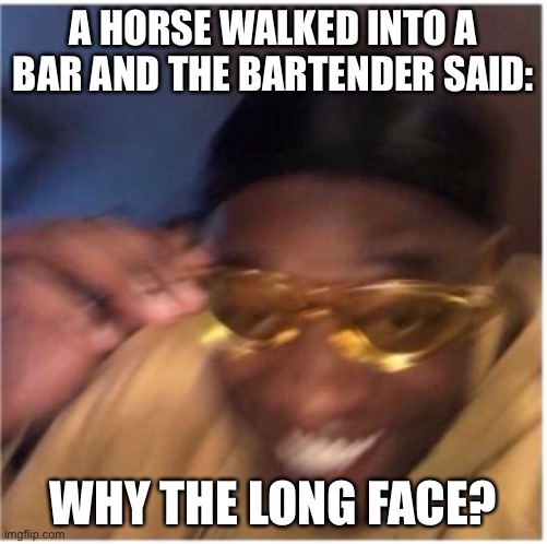 Horse | A HORSE WALKED INTO A BAR AND THE BARTENDER SAID:; WHY THE LONG FACE? | image tagged in funny face lemme see that,memes,funny,dumb jokes,walked into a bar joke | made w/ Imgflip meme maker