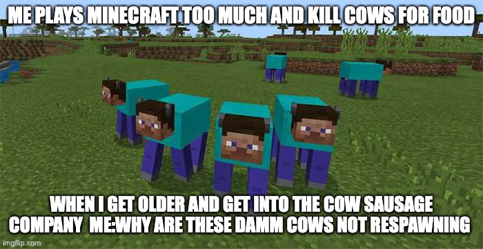 QWA | ME PLAYS MINECRAFT TOO MUCH AND KILL COWS FOR FOOD; WHEN I GET OLDER AND GET INTO THE COW SAUSAGE COMPANY  ME:WHY ARE THESE DAMM COWS NOT RESPAWNING | image tagged in me and the boys | made w/ Imgflip meme maker
