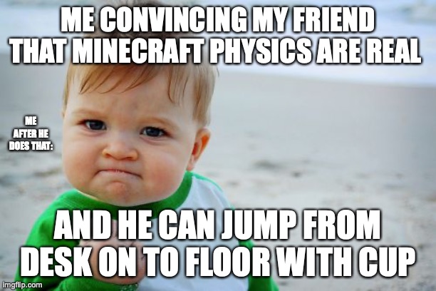 QWA | ME CONVINCING MY FRIEND THAT MINECRAFT PHYSICS ARE REAL; ME AFTER HE DOES THAT:; AND HE CAN JUMP FROM DESK ON TO FLOOR WITH CUP | image tagged in memes,success kid original | made w/ Imgflip meme maker