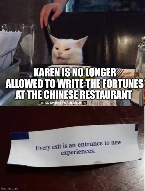  KAREN IS NO LONGER ALLOWED TO WRITE THE FORTUNES AT THE CHINESE RESTAURANT | image tagged in smudge the cat | made w/ Imgflip meme maker