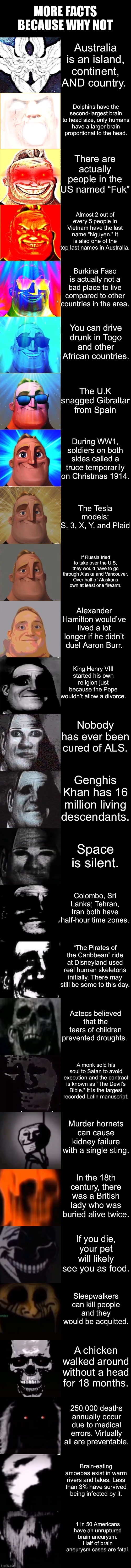 I now have nightmares gosh-d*nny it | MORE FACTS BECAUSE WHY NOT; Australia is an island, continent, AND country. Dolphins have the second-largest brain to head size, only humans have a larger brain proportional to the head. There are actually people in the US named “Fuk”; Almost 2 out of every 5 people in Vietnam have the last name “Nguyen.” It is also one of the top last names in Australia. Burkina Faso is actually not a bad place to live compared to other countries in the area. You can drive drunk in Togo and other African countries. The U.K snagged Gibraltar from Spain; During WW1, soldiers on both sides called a truce temporarily on Christmas 1914. The Tesla models:
S, 3, X, Y, and Plaid; If Russia tried to take over the U.S, they would have to go through Alaska and Vancouver. Over half of Alaskans own at least one firearm. Alexander Hamilton would’ve lived a lot longer if he didn’t duel Aaron Burr. King Henry VIII started his own religion just because the Pope wouldn’t allow a divorce. Nobody has ever been cured of ALS. Genghis Khan has 16 million living descendants. Space is silent. Colombo, Sri Lanka; Tehran, Iran both have half-hour time zones. “The Pirates of the Caribbean” ride at Disneyland used real human skeletons initially. There may still be some to this day. Aztecs believed that the tears of children prevented droughts. A monk sold his soul to Satan to avoid execution and the contract is known as “The Devil’s Bible.” It is the largest recorded Latin manuscript. Murder hornets can cause kidney failure with a single sting. In the 18th century, there was a British lady who was buried alive twice. If you die, your pet will likely see you as food. Sleepwalkers can kill people and they would be acquitted. A chicken walked around without a head for 18 months. 250,000 deaths annually occur due to medical errors. Virtually all are preventable. Brain-eating amoebas exist in warm rivers and lakes. Less than 3% have survived being infected by it. 1 in 50 Americans have an unruptured brain aneurysm. Half of brain aneurysm cases are fatal. | image tagged in mr incredible becoming canny to uncanny | made w/ Imgflip meme maker