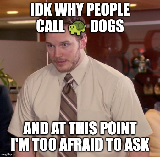 Afraid To Ask Andy Meme | IDK WHY PEOPLE CALL 🐢 DOGS; AND AT THIS POINT I'M TOO AFRAID TO ASK | image tagged in memes,afraid to ask andy | made w/ Imgflip meme maker