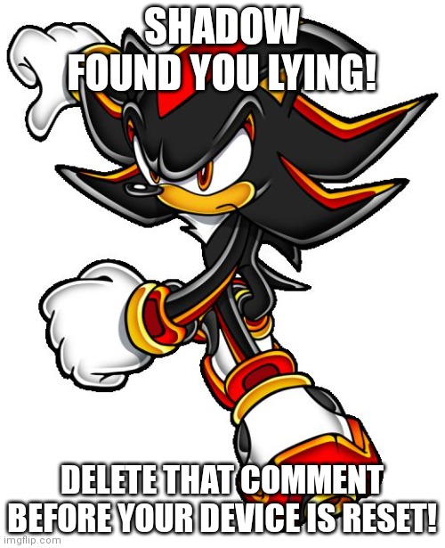 Shadow the hedgehog | SHADOW FOUND YOU LYING! DELETE THAT COMMENT BEFORE YOUR DEVICE IS RESET! | image tagged in shadow the hedgehog | made w/ Imgflip meme maker