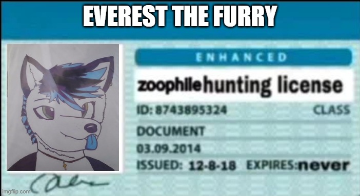 kill zoophiles | EVEREST THE FURRY | image tagged in zoophile hunting license,furries | made w/ Imgflip meme maker