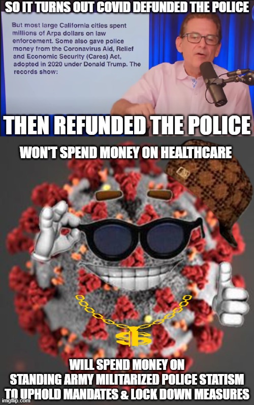 Gotta love wealth transfers. Wealth transfers and civilian pacification. |  SO IT TURNS OUT COVID DEFUNDED THE POLICE; THEN REFUNDED THE POLICE; WON'T SPEND MONEY ON HEALTHCARE; WILL SPEND MONEY ON 
STANDING ARMY MILITARIZED POLICE STATISM TO UPHOLD MANDATES & LOCK DOWN MEASURES | image tagged in coronavirus,police state,pandemic,california,2020 | made w/ Imgflip meme maker