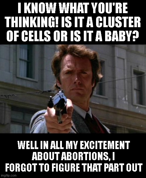 Clint Eastwood | I KNOW WHAT YOU'RE THINKING! IS IT A CLUSTER OF CELLS OR IS IT A BABY? WELL IN ALL MY EXCITEMENT ABOUT ABORTIONS, I FORGOT TO FIGURE THAT PA | image tagged in clint eastwood | made w/ Imgflip meme maker