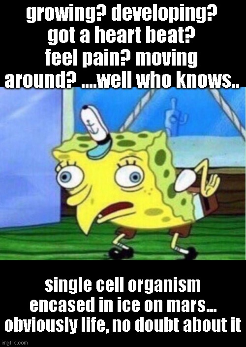 Mocking Spongebob Meme | growing? developing? got a heart beat? feel pain? moving around? ....well who knows.. single cell organism encased in ice on mars... obvious | image tagged in memes,mocking spongebob | made w/ Imgflip meme maker