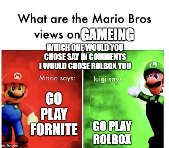 mario and lungi | GAMEING; WHICH ONE WOULD YOU CHOSE SAY IN COMMENTS I WOULD CHOSE ROLBOX YOU; GO PLAY FORNITE; GO PLAY ROLBOX | image tagged in mario bros views | made w/ Imgflip meme maker