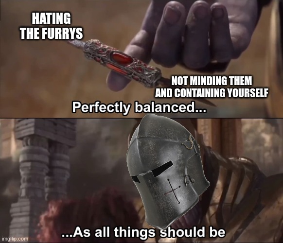 Thanos perfectly balanced as all things should be | HATING THE FURRYS NOT MINDING THEM AND CONTAINING YOURSELF | image tagged in thanos perfectly balanced as all things should be | made w/ Imgflip meme maker