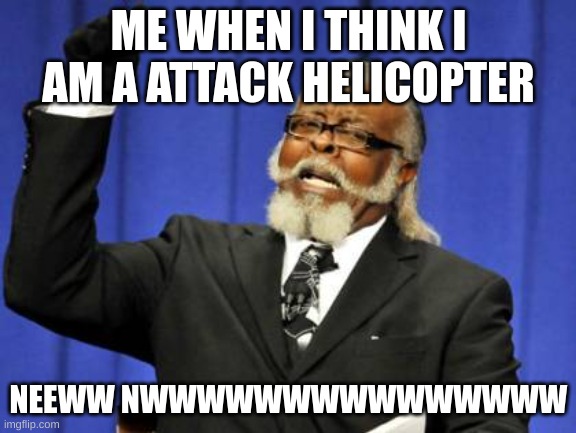 mnewwww | ME WHEN I THINK I AM A ATTACK HELICOPTER; NEEWW NWWWWWWWWWWWWWWW | image tagged in memes,too damn high | made w/ Imgflip meme maker