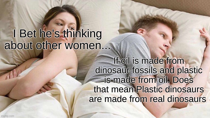 I Bet He's Thinking About Other Women | I Bet he's thinking about other women... If oil is made from dinosaur fossils and plastic is made from oil. Does that mean Plastic dinosaurs are made from real dinosaurs | image tagged in memes,i bet he's thinking about other women | made w/ Imgflip meme maker