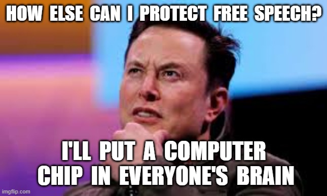 HOW  ELSE  CAN  I  PROTECT  FREE  SPEECH? I'LL  PUT  A  COMPUTER  CHIP  IN  EVERYONE'S  BRAIN | image tagged in elon musk,neuralink,free speech,twitter | made w/ Imgflip meme maker