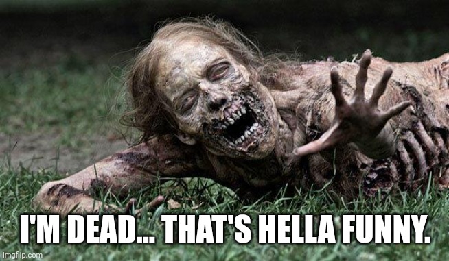 Walking Dead Zombie | I'M DEAD... THAT'S HELLA FUNNY. | image tagged in walking dead zombie | made w/ Imgflip meme maker