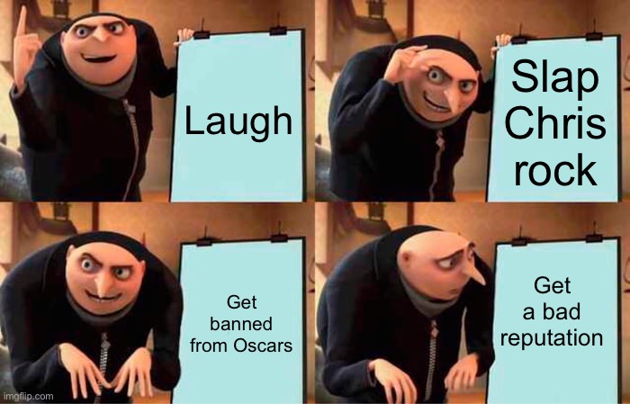 Will smith be like | Laugh; Slap Chris rock; Get a bad reputation; Get banned from Oscars | image tagged in memes,gru's plan | made w/ Imgflip meme maker